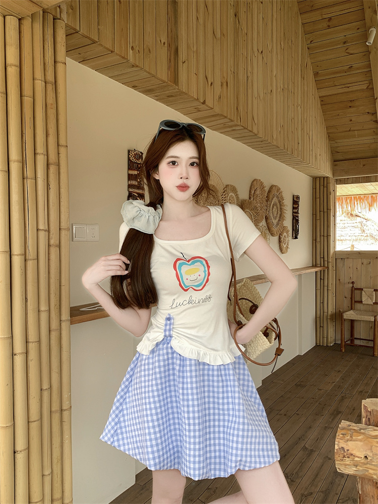 2026 Summer Women's Printed Sweet Korean Chic Top and Skirt Set - Image 2