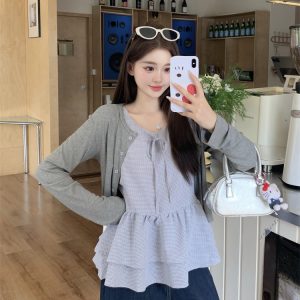 Korean Style Two-Piece Knit Cardigan and Plaid Cami Set for Women - Style ba86ff