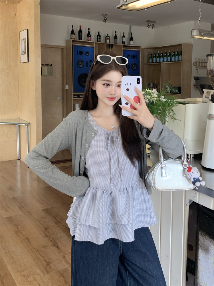 Korean Style Two-Piece Knit Cardigan and Plaid Cami Set for Women - Style ba86ff