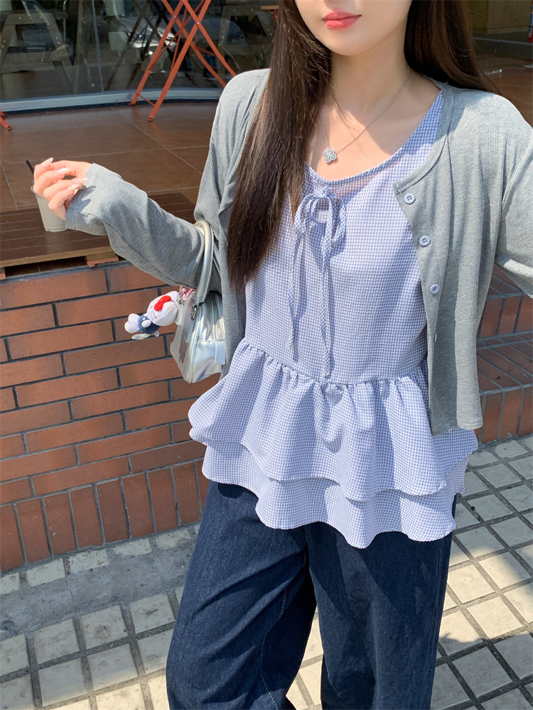 Korean Style Two-Piece Knit Cardigan and Plaid Cami Set for Women - Style ba86ff - Image 2