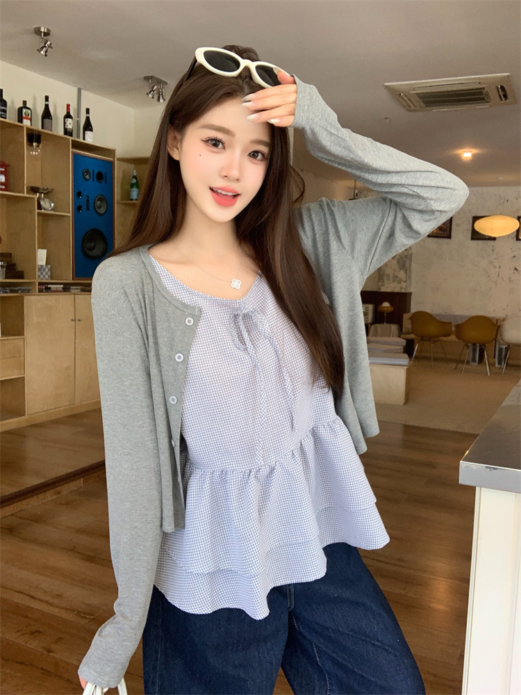 Korean Style Two-Piece Knit Cardigan and Plaid Cami Set for Women - Style ba86ff - Image 3