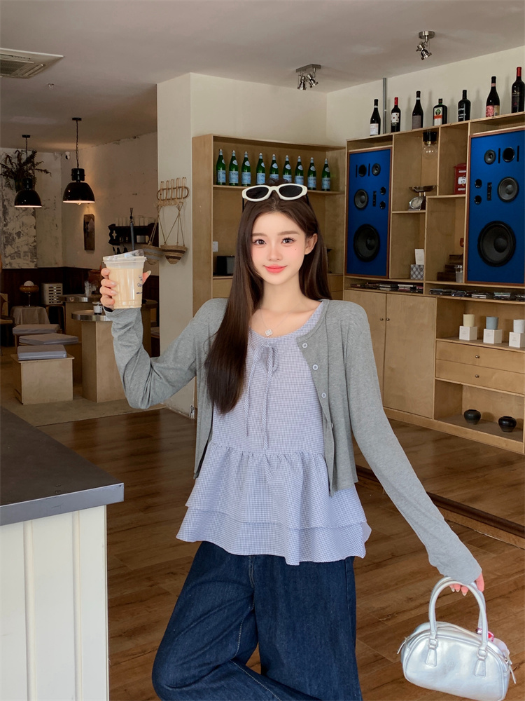 Korean Style Two-Piece Knit Cardigan and Plaid Cami Set for Women - Style ba86ff - Image 4