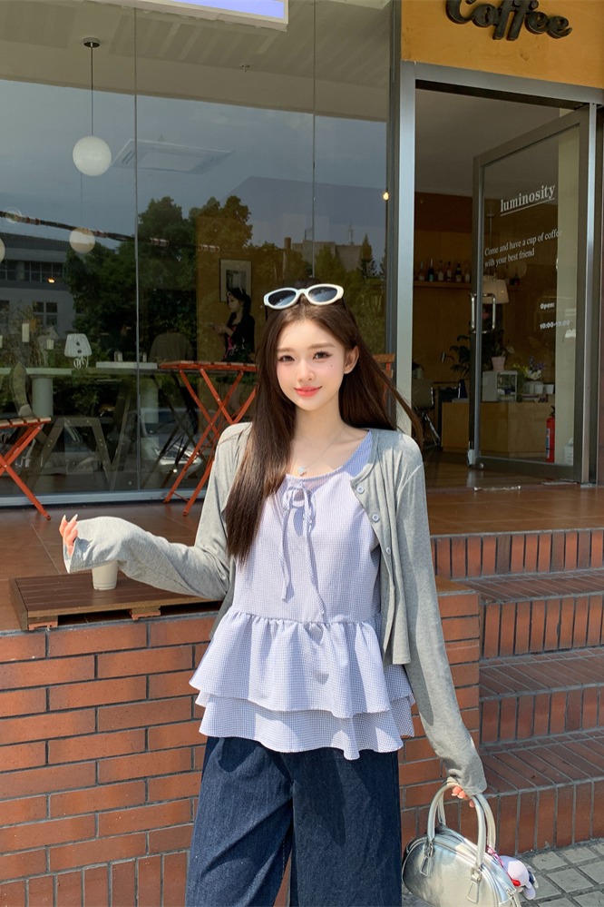 Korean Style Two-Piece Knit Cardigan and Plaid Cami Set for Women - Style ba86ff - Image 5