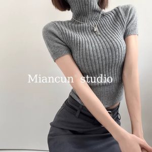 Women's High Neck Knit Crop Top Short Sleeve Slim Fit Pullover