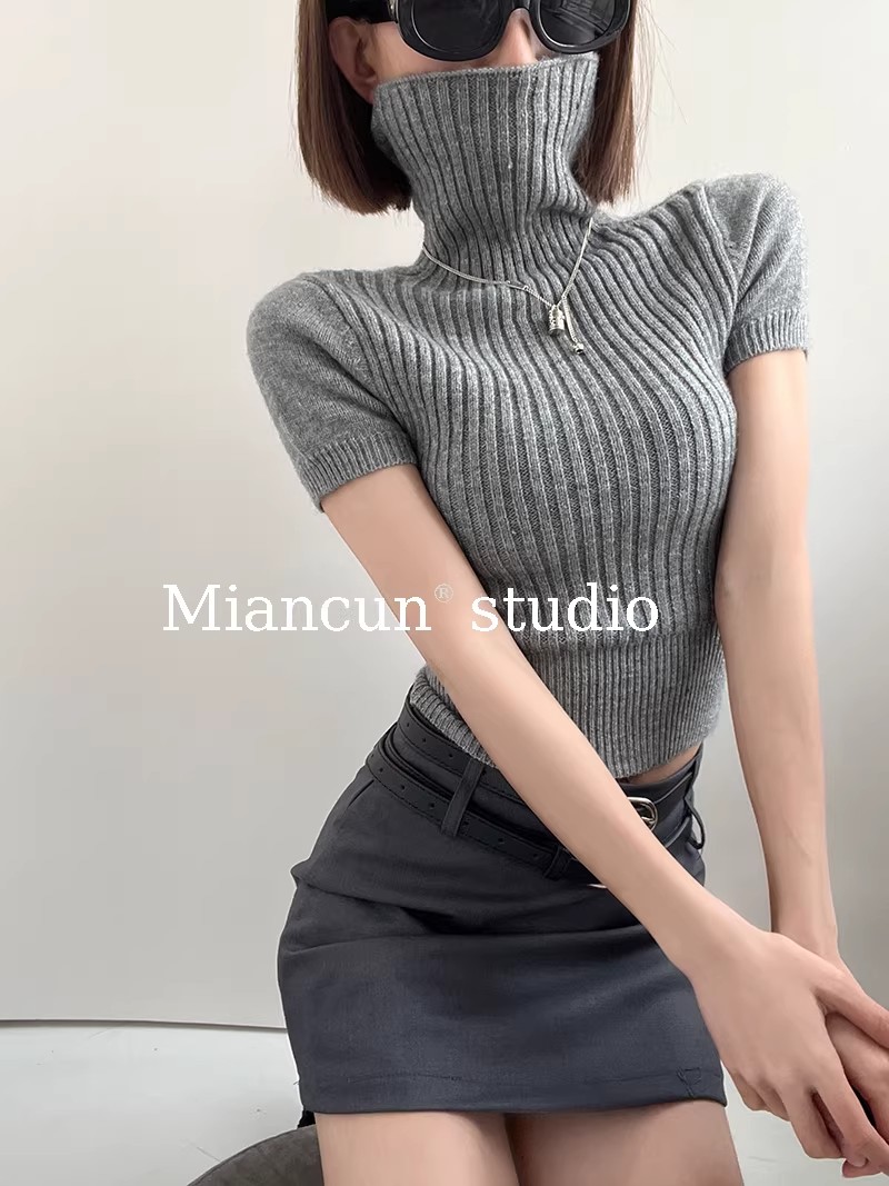 Women's High Neck Knit Crop Top Short Sleeve Slim Fit Pullover
