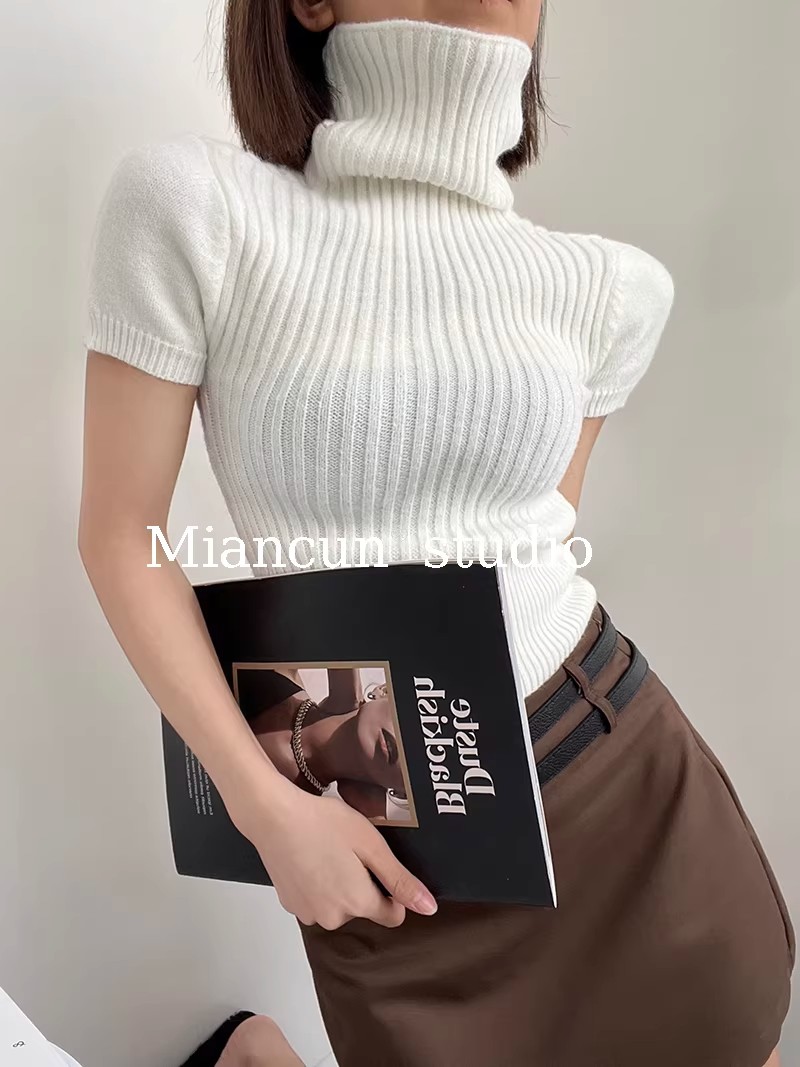 Women's High Neck Knit Crop Top Short Sleeve Slim Fit Pullover - Image 2
