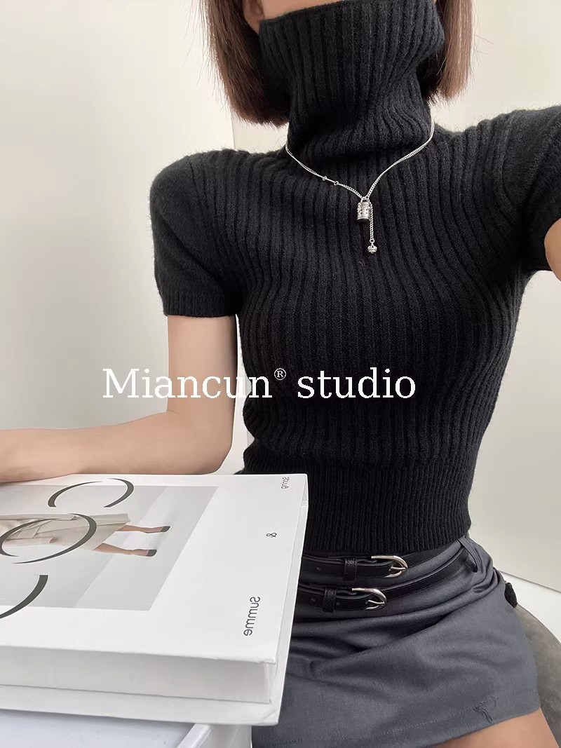 Women's High Neck Knit Crop Top Short Sleeve Slim Fit Pullover - Image 3