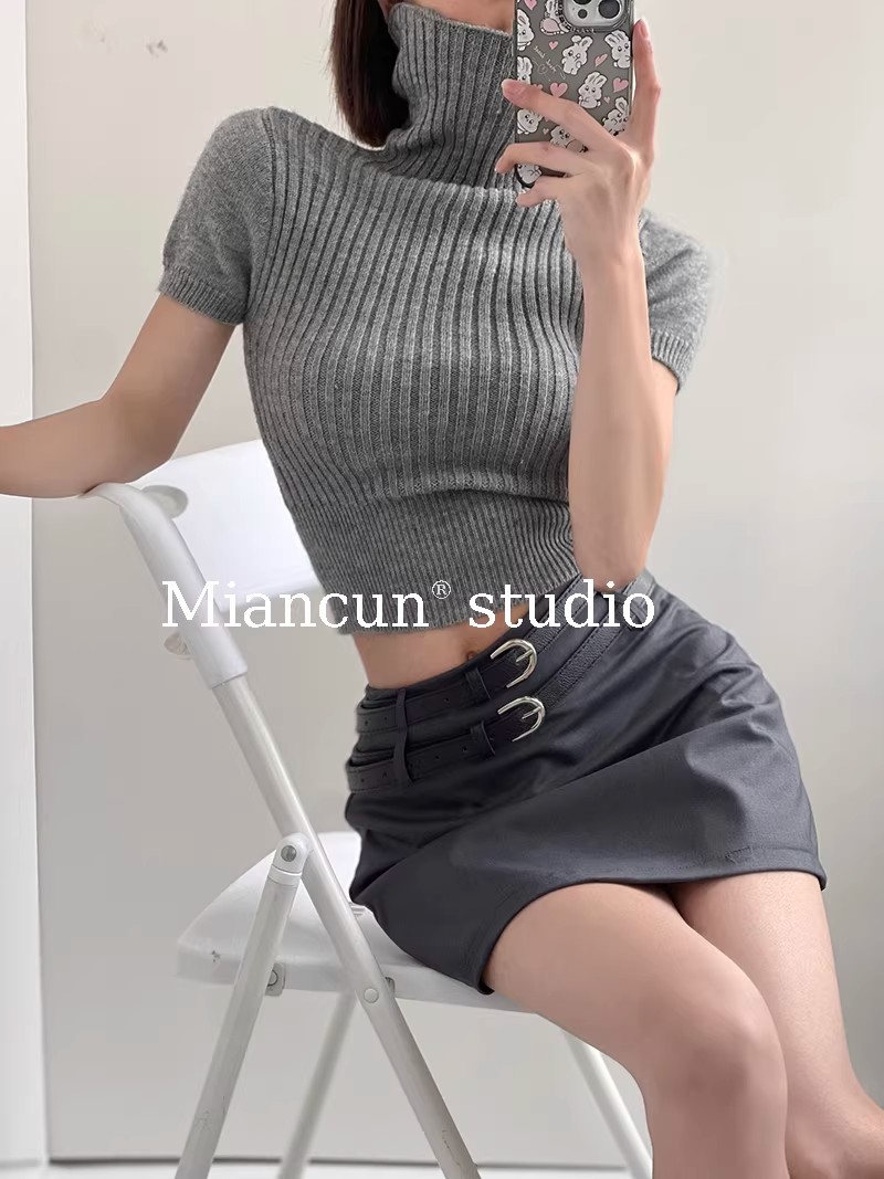Women's High Neck Knit Crop Top Short Sleeve Slim Fit Pullover - Image 4