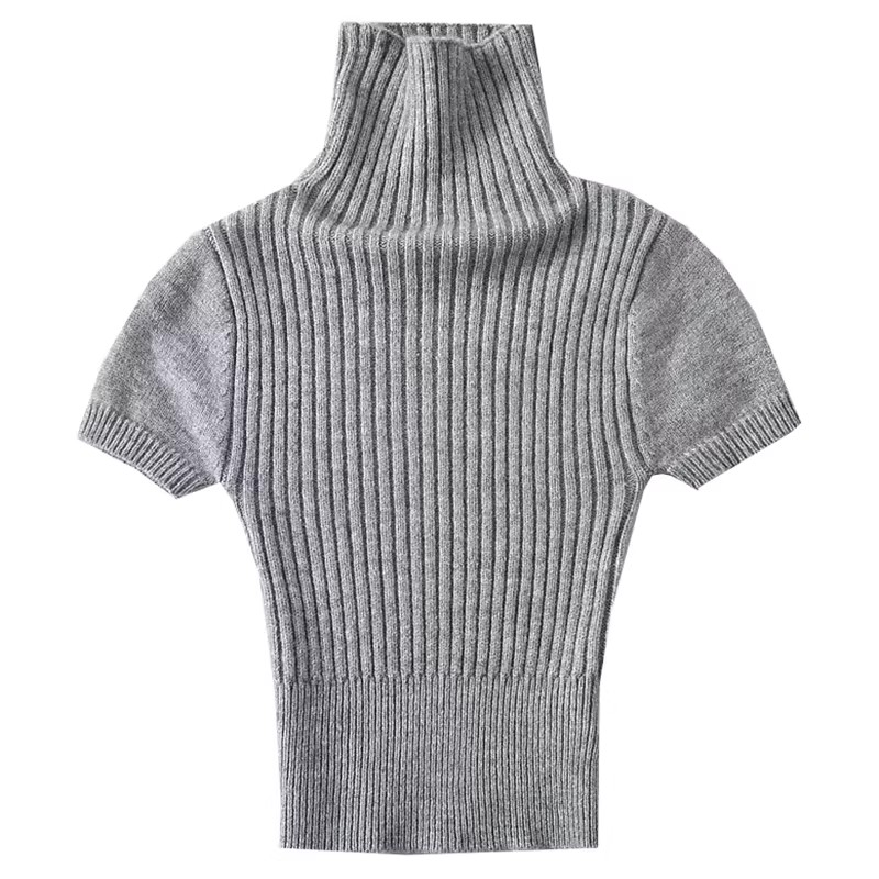 Women's High Neck Knit Crop Top Short Sleeve Slim Fit Pullover - Image 5