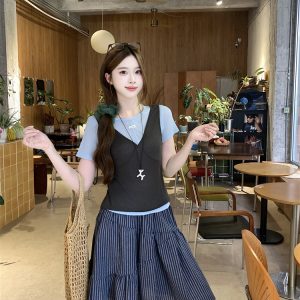 Women's 3-Piece V-Neck Tank Top and Short Sleeve T-Shirt with Striped Elastic Waist Skirt Set