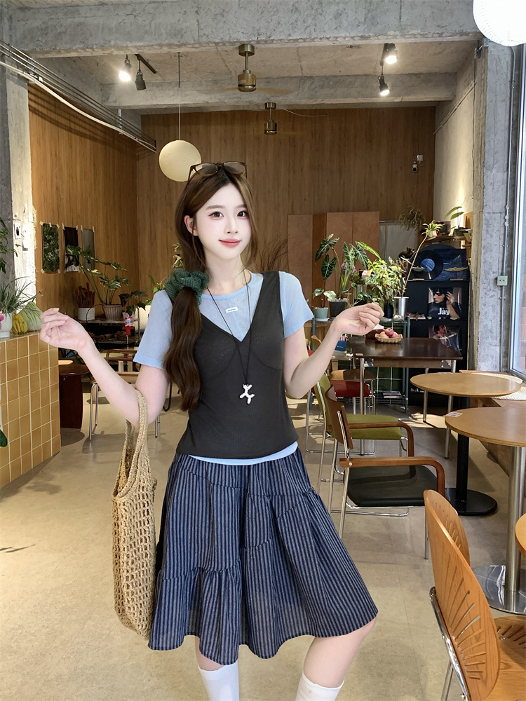 Women's 3-Piece V-Neck Tank Top and Short Sleeve T-Shirt with Striped Elastic Waist Skirt Set