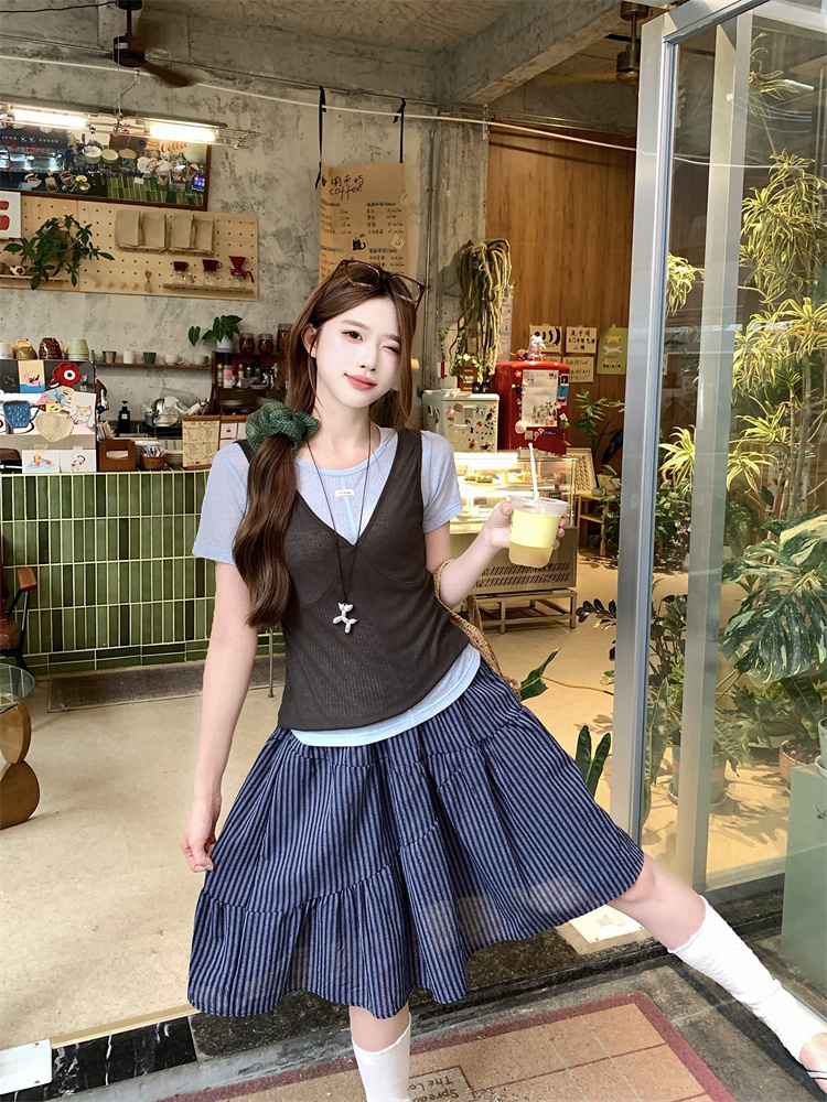 Women's 3-Piece V-Neck Tank Top and Short Sleeve T-Shirt with Striped Elastic Waist Skirt Set - Image 2