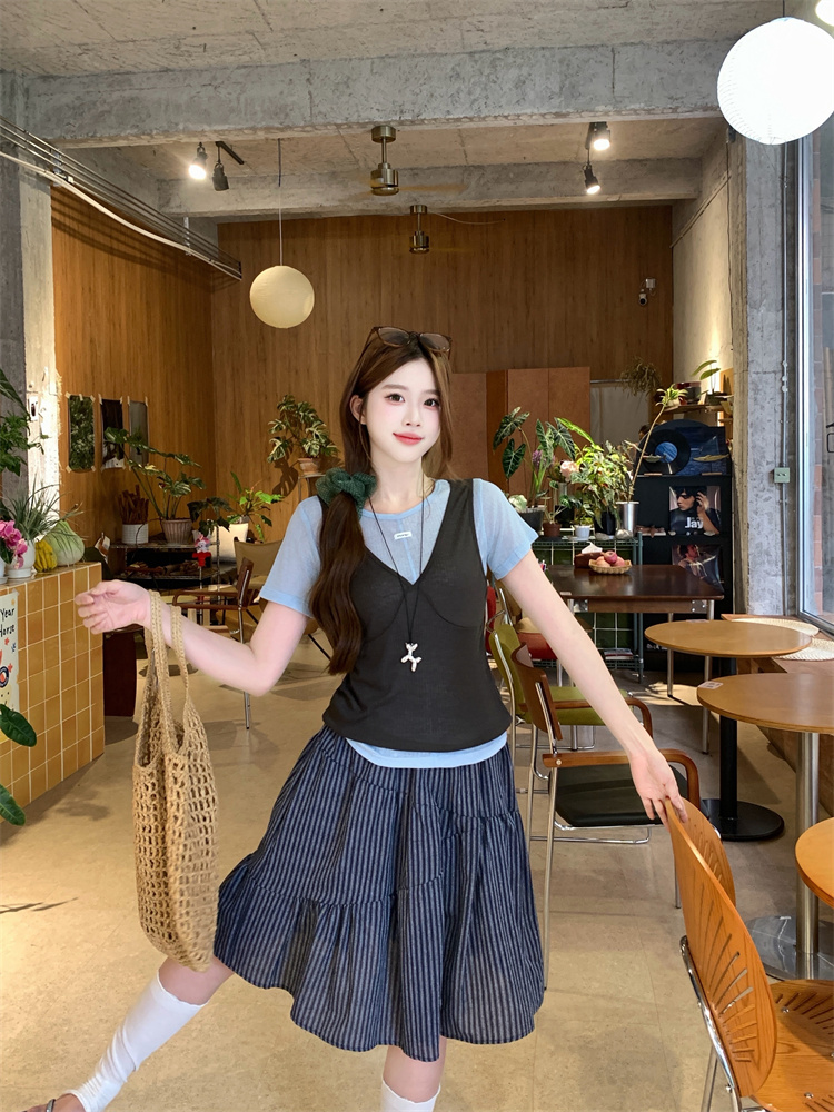 Women's 3-Piece V-Neck Tank Top and Short Sleeve T-Shirt with Striped Elastic Waist Skirt Set - Image 3