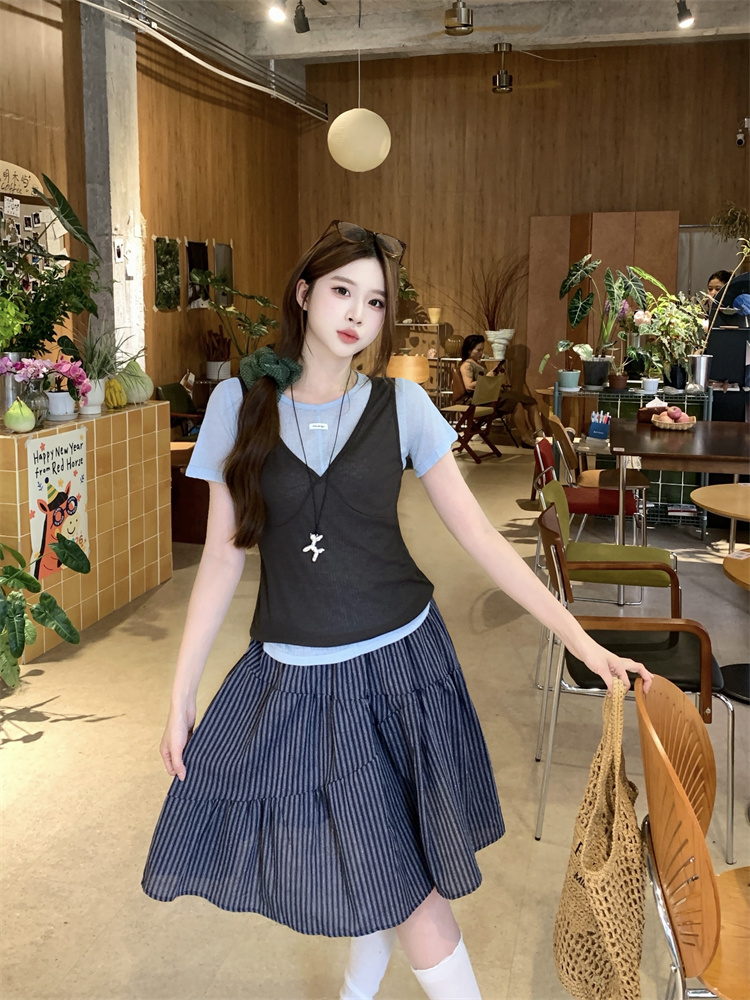 Women's 3-Piece V-Neck Tank Top and Short Sleeve T-Shirt with Striped Elastic Waist Skirt Set - Image 4