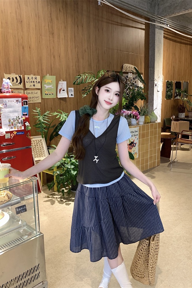 Women's 3-Piece V-Neck Tank Top and Short Sleeve T-Shirt with Striped Elastic Waist Skirt Set - Image 5