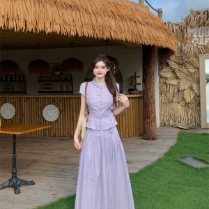 Light Purple Two-Piece Set Women's Cotton Top and A-Line Skirt Slimming Summer Outfit