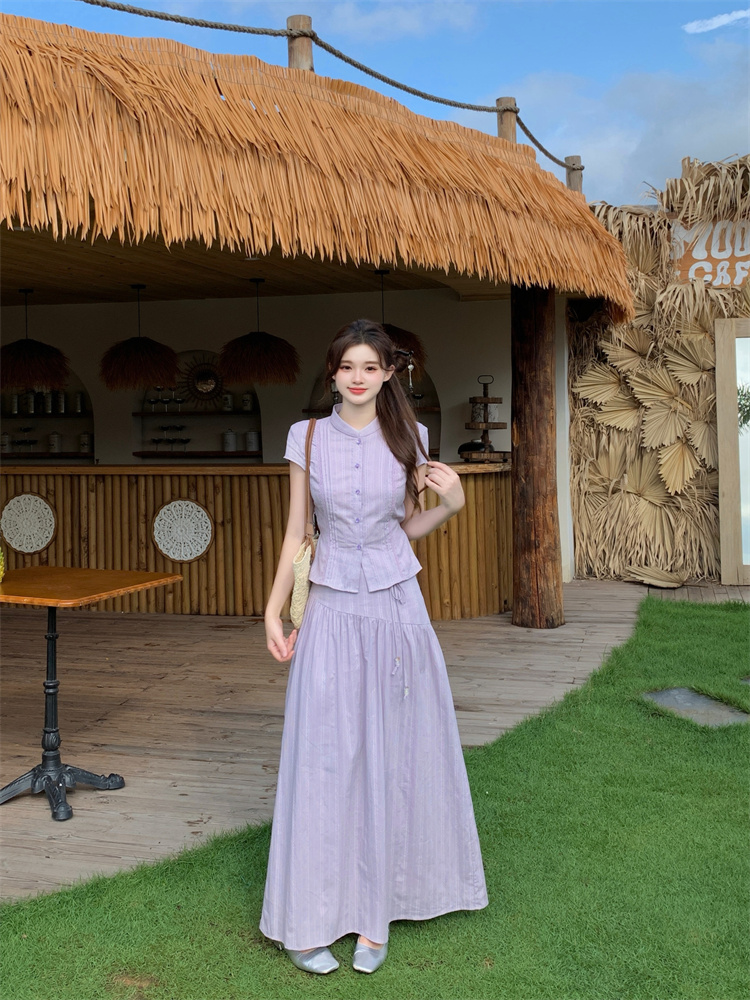 Light Purple Two-Piece Set Women's Cotton Top and A-Line Skirt Slimming Summer Outfit