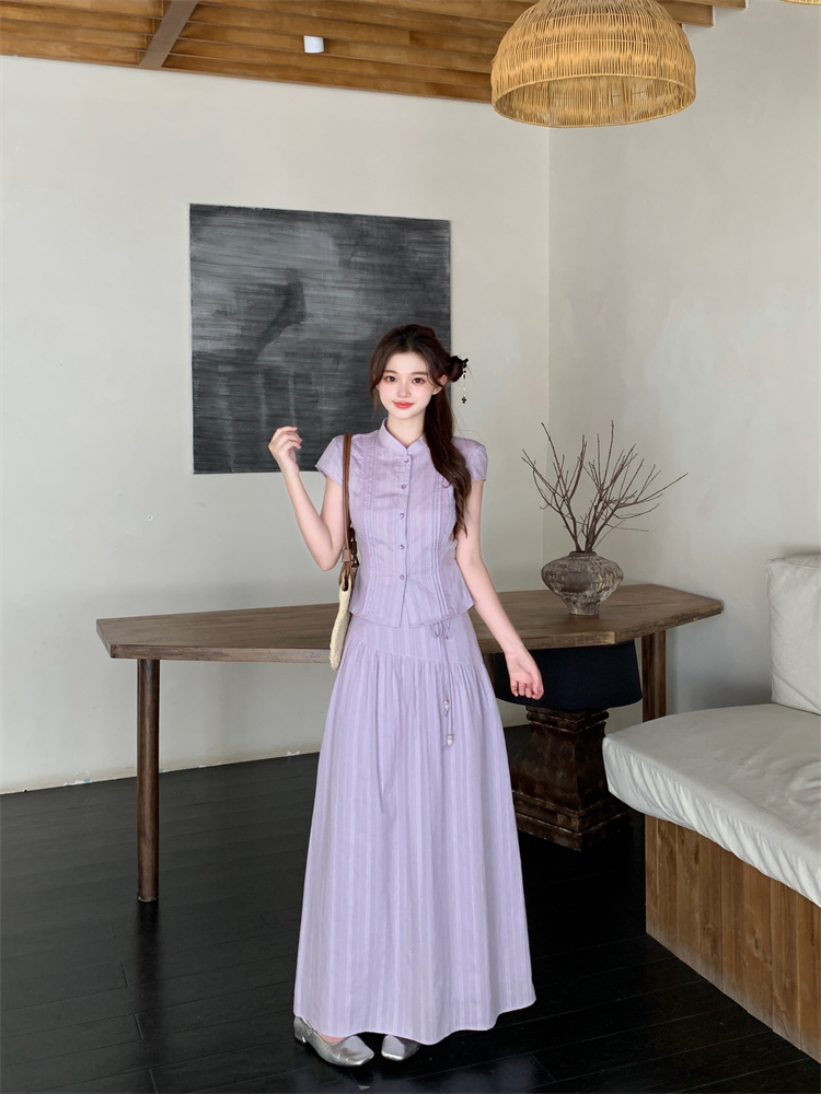 Light Purple Two-Piece Set Women's Cotton Top and A-Line Skirt Slimming Summer Outfit - Image 3