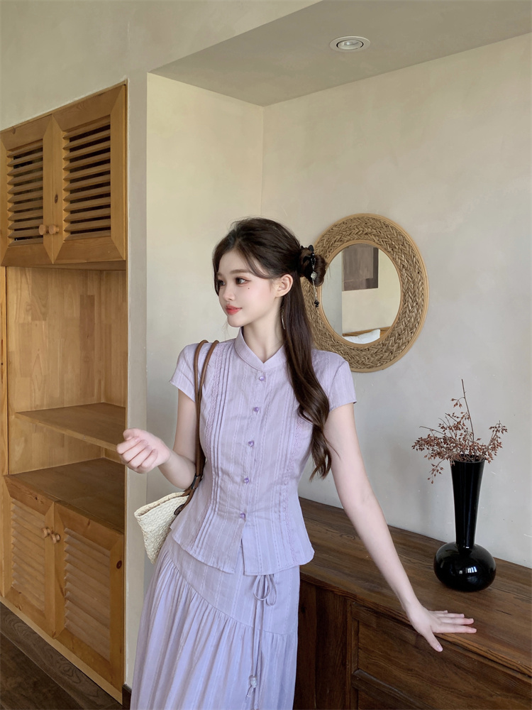 Light Purple Two-Piece Set Women's Cotton Top and A-Line Skirt Slimming Summer Outfit - Image 2