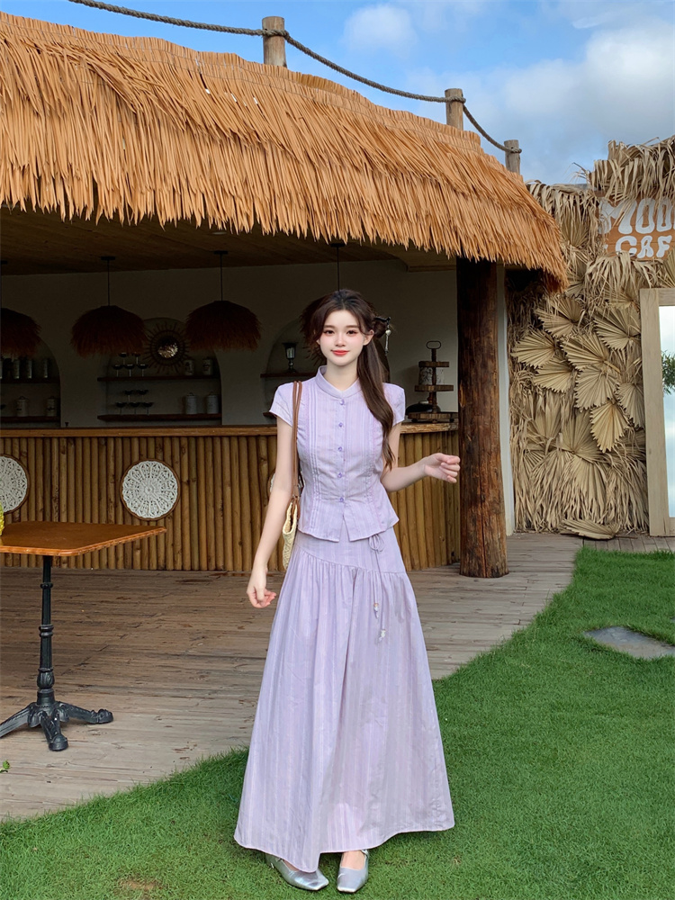 Light Purple Two-Piece Set Women's Cotton Top and A-Line Skirt Slimming Summer Outfit - Image 4