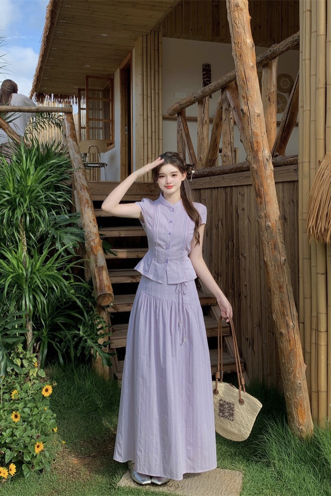 Light Purple Two-Piece Set Women's Cotton Top and A-Line Skirt Slimming Summer Outfit - Image 5