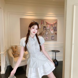 Korean Retro Striped Short Sleeve Shirt Women's Lightweight Summer Lazy Waist Polo Collar Button Up Top