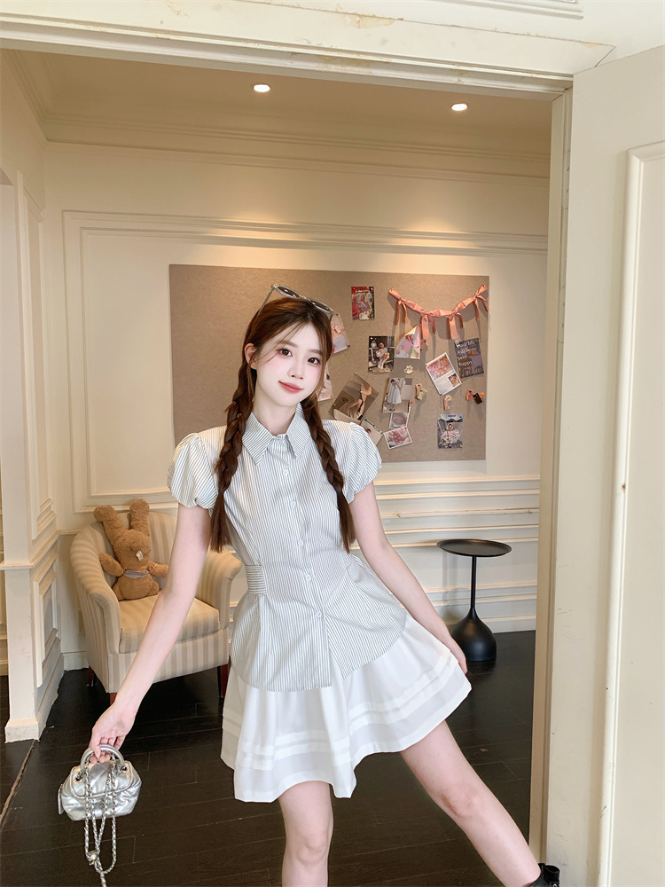 Korean Retro Striped Short Sleeve Shirt Women's Lightweight Summer Lazy Waist Polo Collar Button Up Top