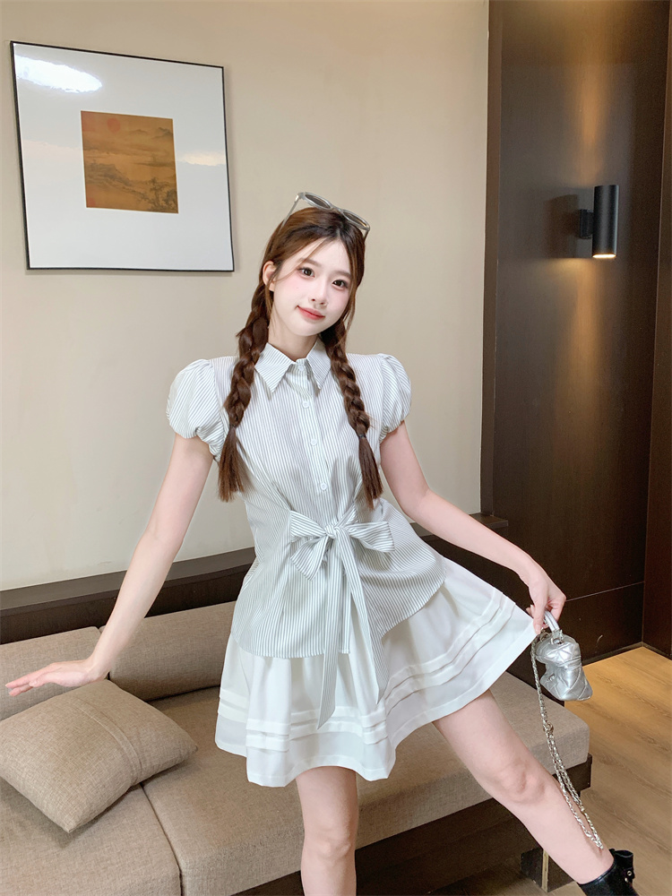 Korean Retro Striped Short Sleeve Shirt Women's Lightweight Summer Lazy Waist Polo Collar Button Up Top - Image 2