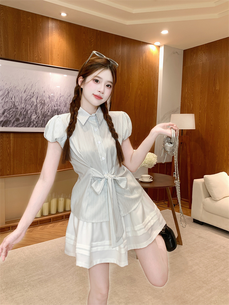 Korean Retro Striped Short Sleeve Shirt Women's Lightweight Summer Lazy Waist Polo Collar Button Up Top - Image 3