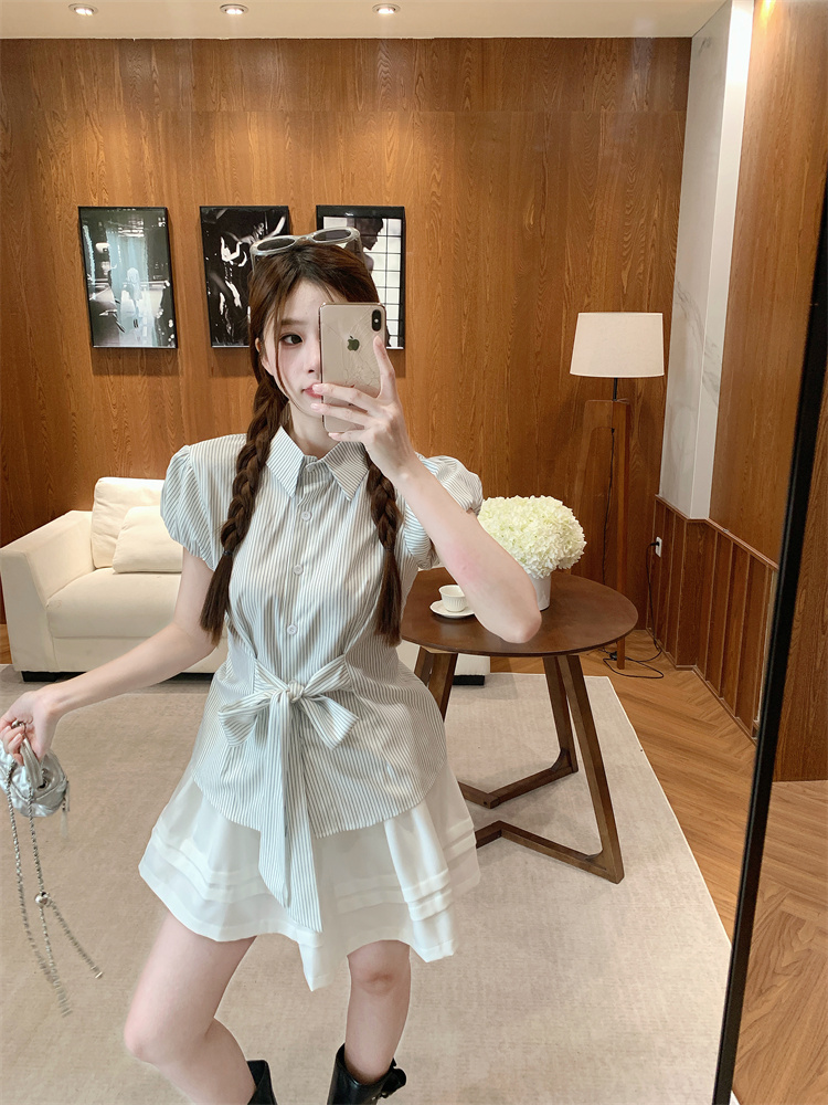 Korean Retro Striped Short Sleeve Shirt Women's Lightweight Summer Lazy Waist Polo Collar Button Up Top - Image 4