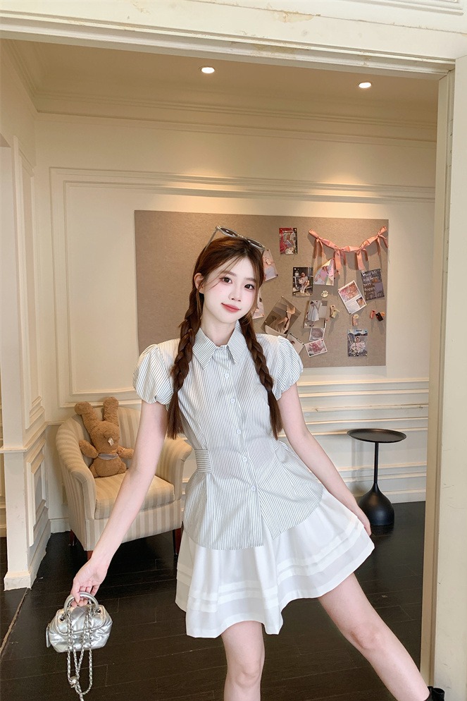 Korean Retro Striped Short Sleeve Shirt Women's Lightweight Summer Lazy Waist Polo Collar Button Up Top - Image 5