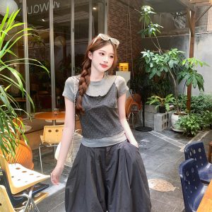 Korean Style Gray Polka Dot Cami Short Sleeve T-Shirt and Bubble Skirt Three-Piece Set