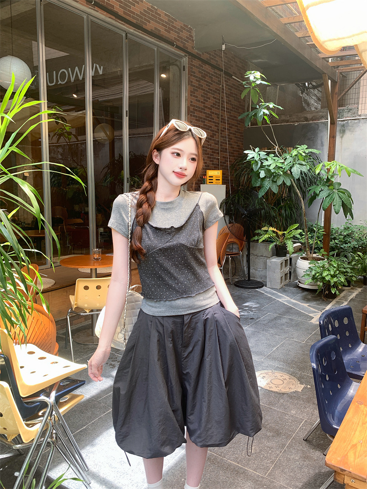 Korean Style Gray Polka Dot Cami Short Sleeve T-Shirt and Bubble Skirt Three-Piece Set
