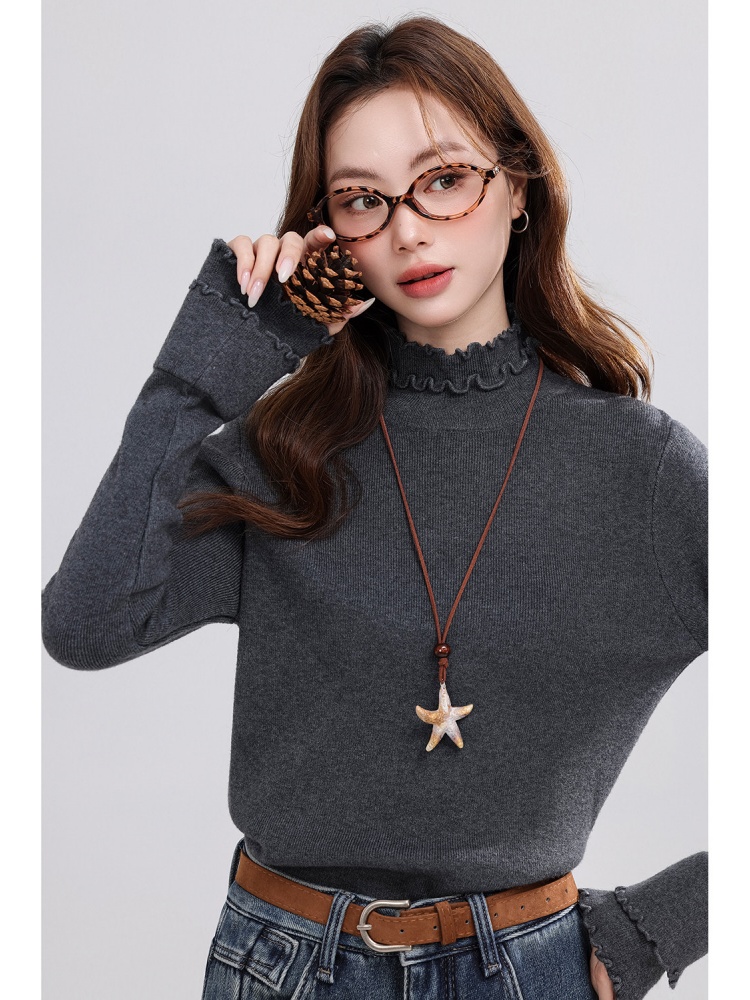 Women's Slim Fit Ruffle Trim Knit Base Layer Top Casual Versatile Fall Winter 2026 - Image 4