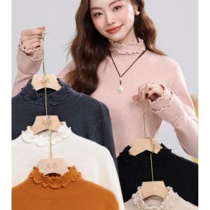 Women's Slim Fit Ruffle Trim Knit Base Layer Top Casual Versatile Fall Winter 2026