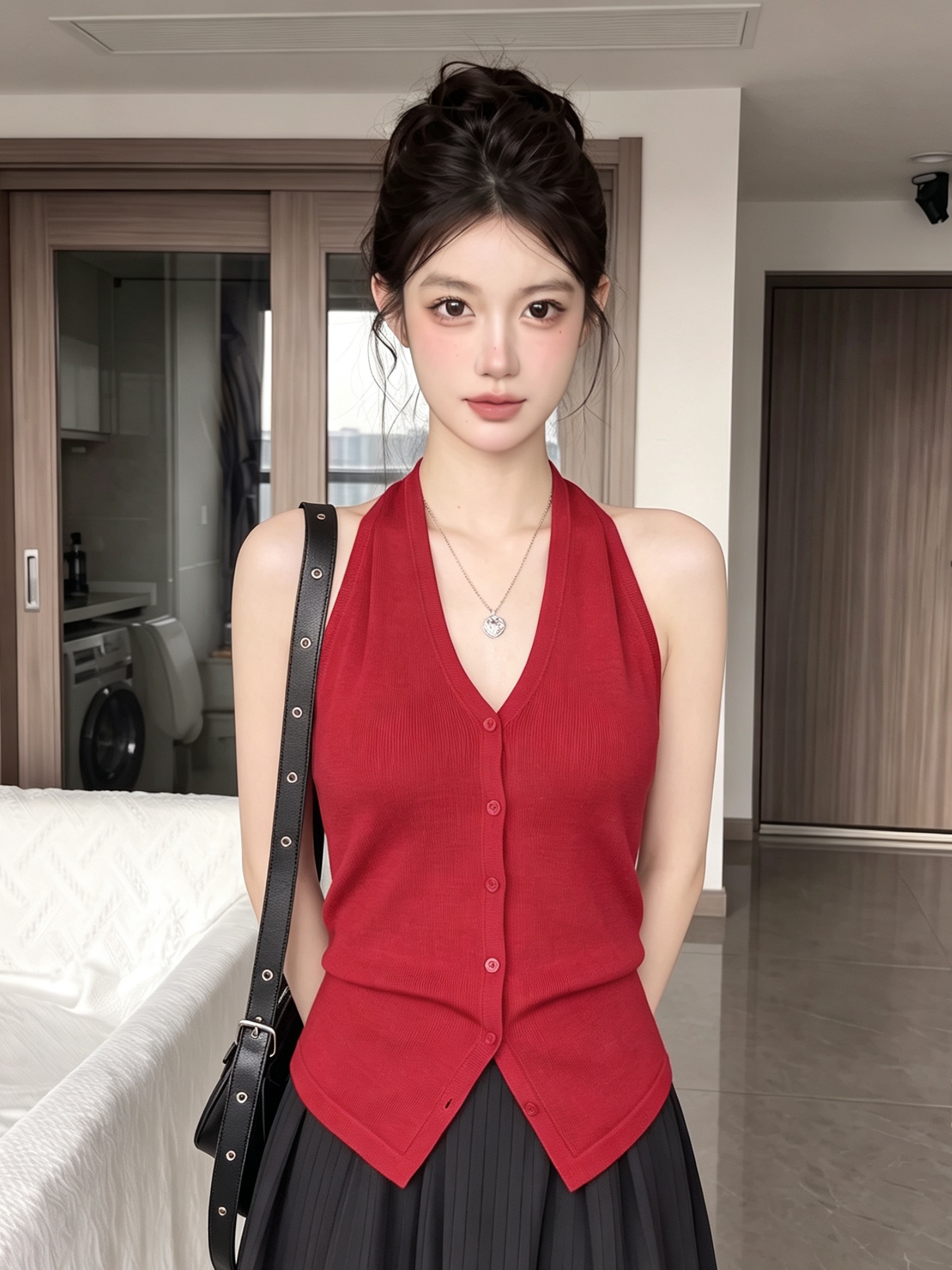 Red V-Neck Halter Cami Top Women Summer Retro Slim Sexy Backless Knit - Image 2