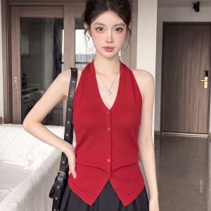 Red V-Neck Halter Cami Top Women Summer Retro Slim Sexy Backless Knit