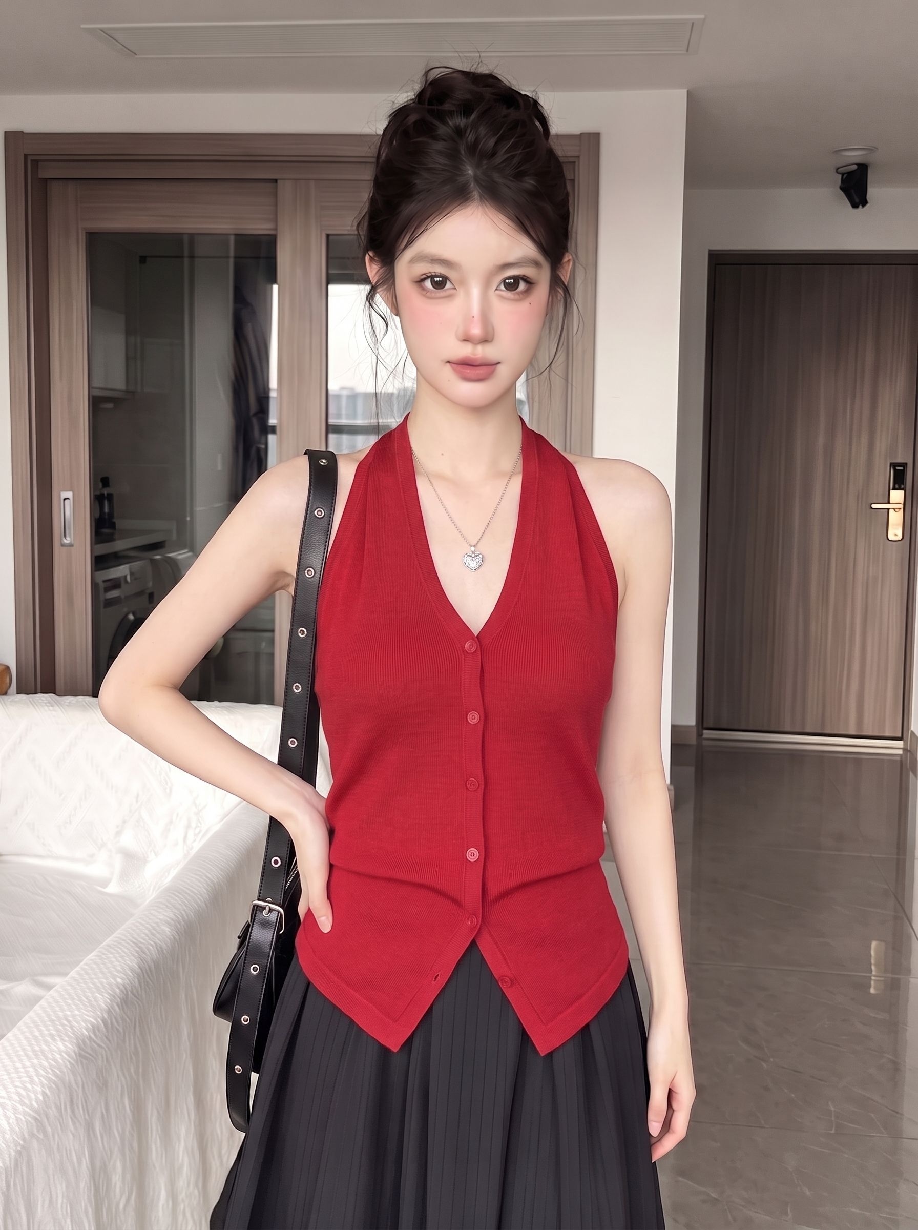 Red V-Neck Halter Cami Top Women Summer Retro Slim Sexy Backless Knit
