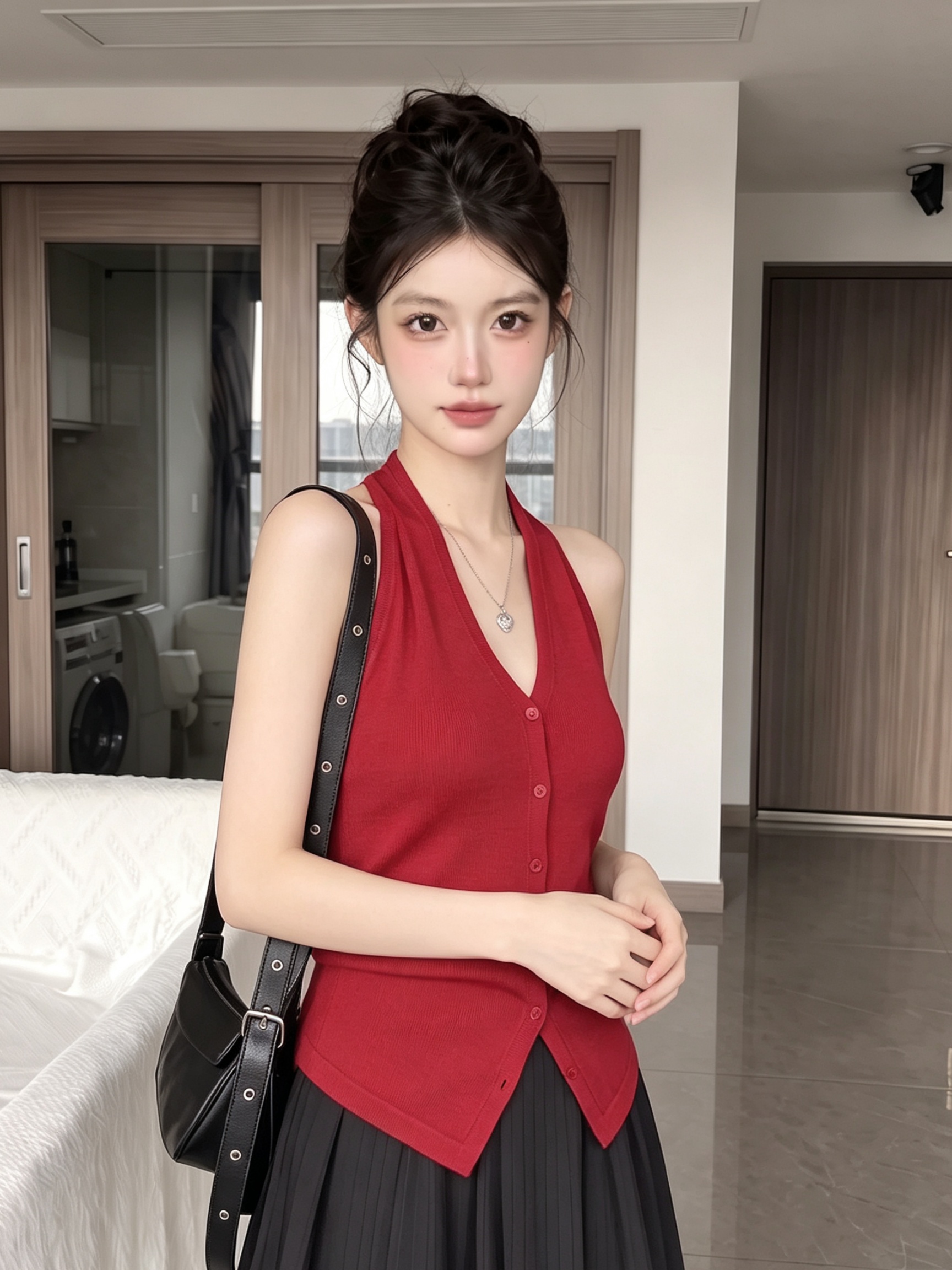 Red V-Neck Halter Cami Top Women Summer Retro Slim Sexy Backless Knit - Image 4