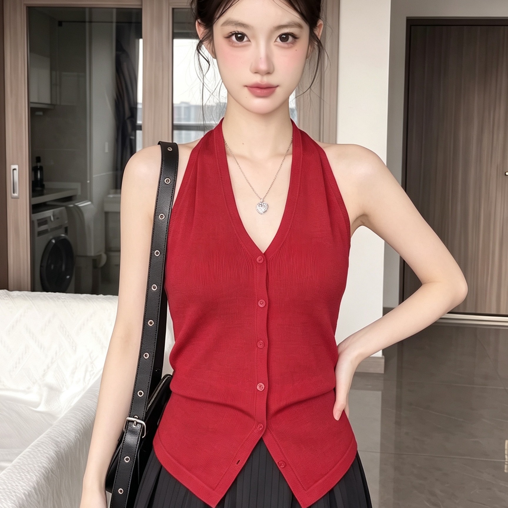 Red V-Neck Halter Cami Top Women Summer Retro Slim Sexy Backless Knit - Image 5