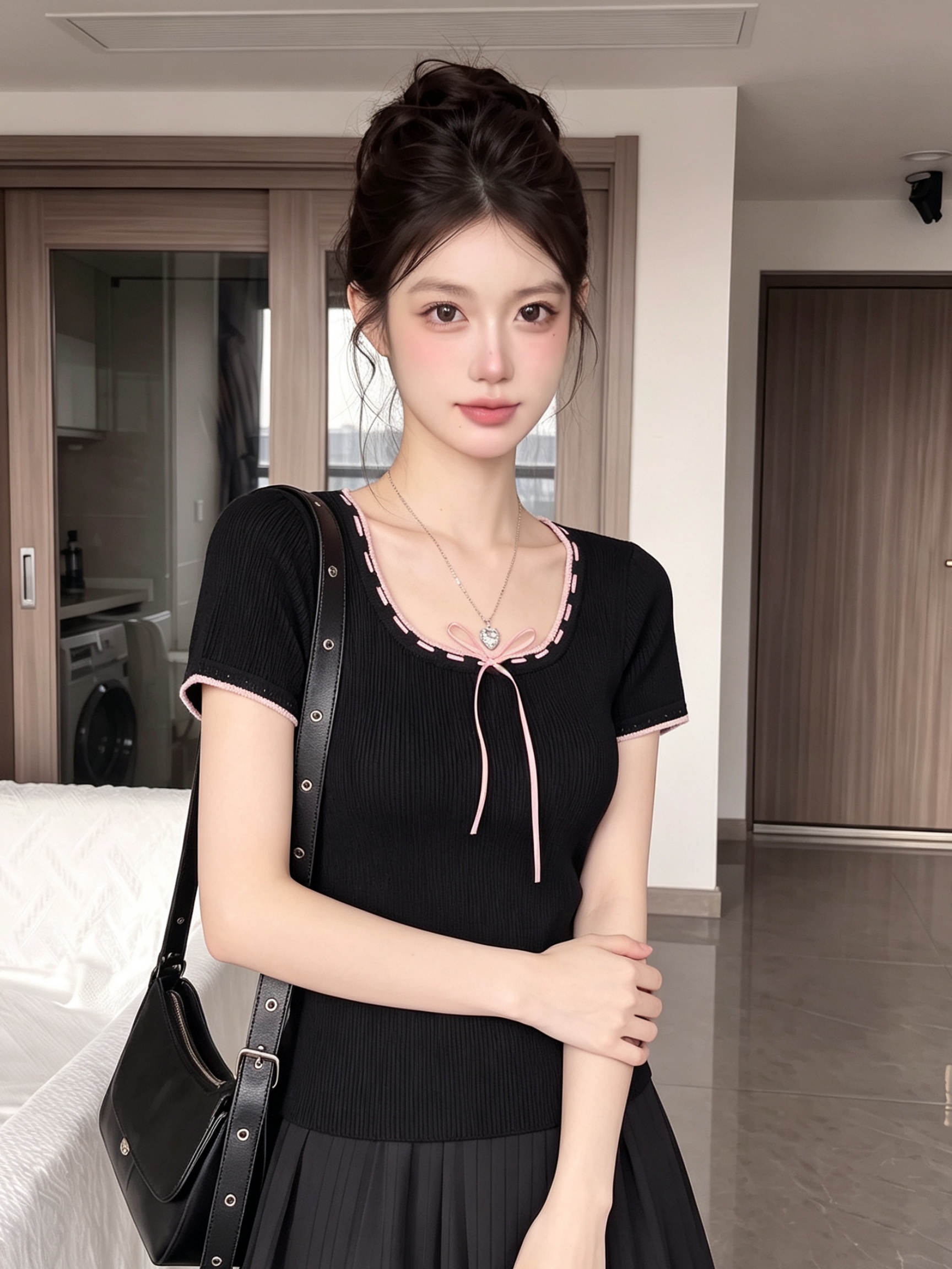 Women's Summer Short Sleeve T-Shirt Black U-Neck Bow Knit Top - Image 2