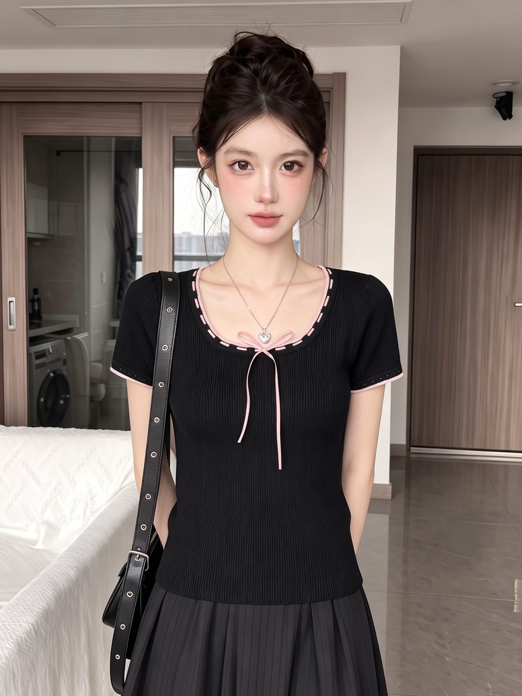 Women's Summer Short Sleeve T-Shirt Black U-Neck Bow Knit Top - Image 4
