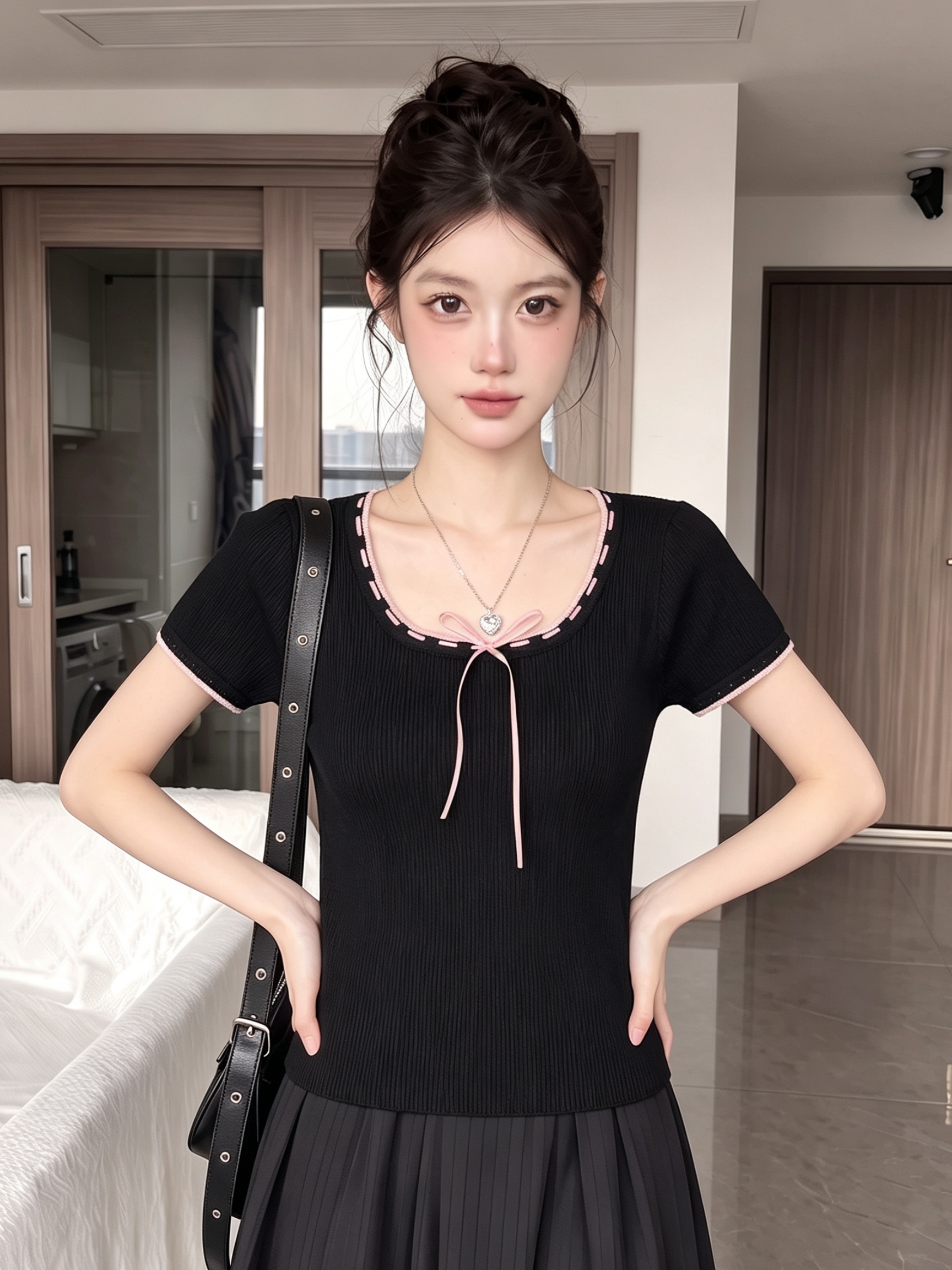 Women's Summer Short Sleeve T-Shirt Black U-Neck Bow Knit Top - Image 3