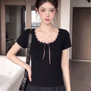 Women's Summer Short Sleeve T-Shirt Black U-Neck Bow Knit Top