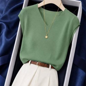 Green V-Neck Knit Short Sleeve Top for Women Summer 2026