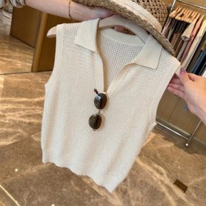 Korean Style Grey Hollow Out Polo Neck Knit Vest Women Summer Sleeveless Top