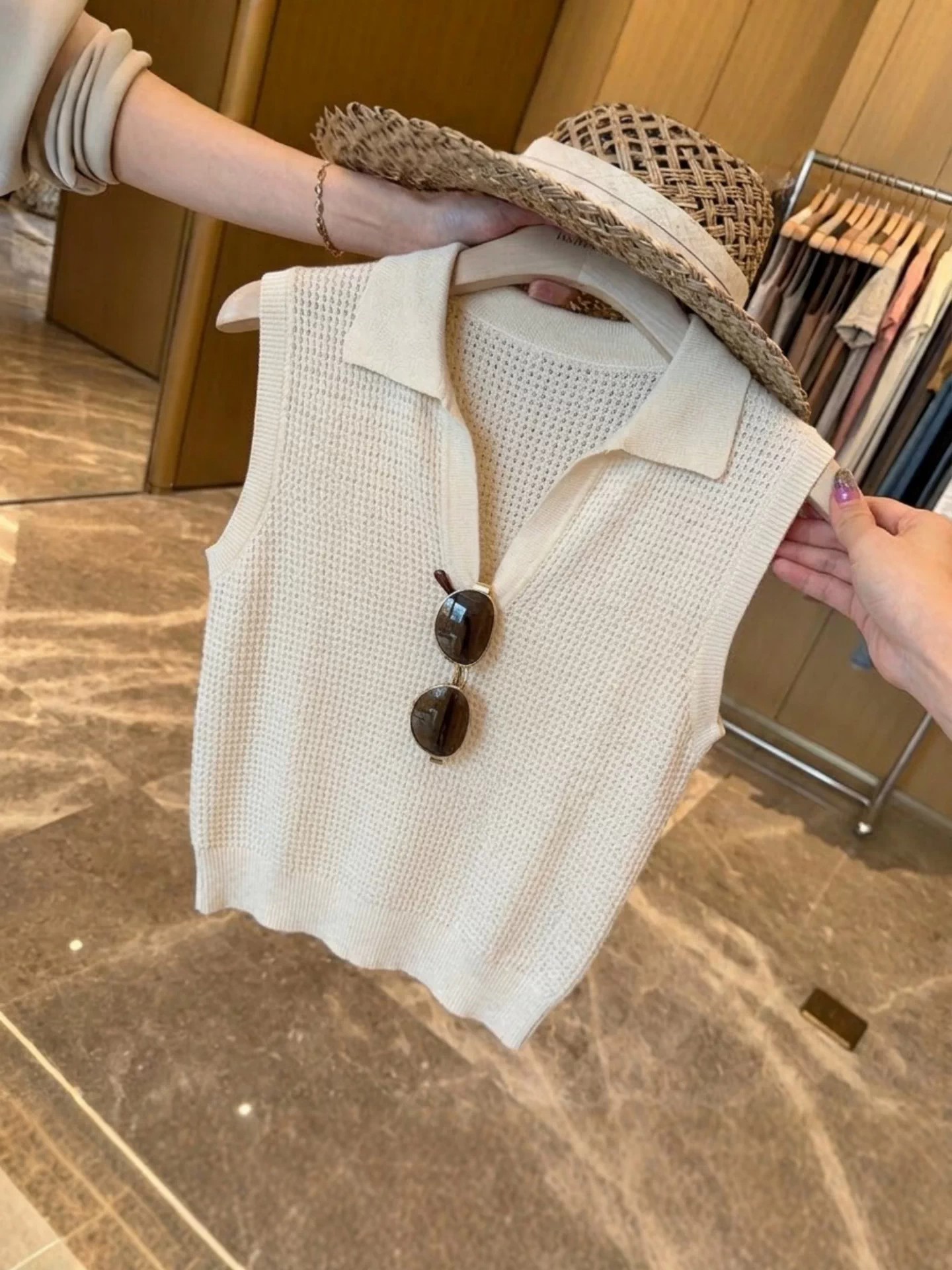 Korean Style Grey Hollow Out Polo Neck Knit Vest Women Summer Sleeveless Top