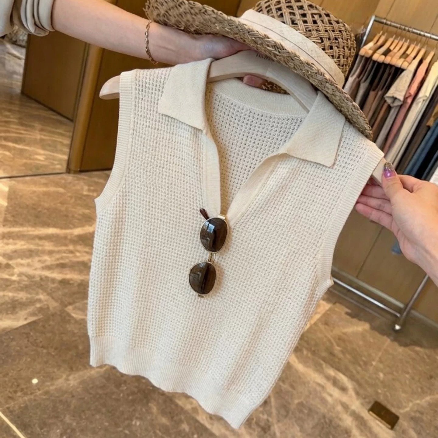 Korean Style Grey Hollow Out Polo Neck Knit Vest Women Summer Sleeveless Top - Image 5