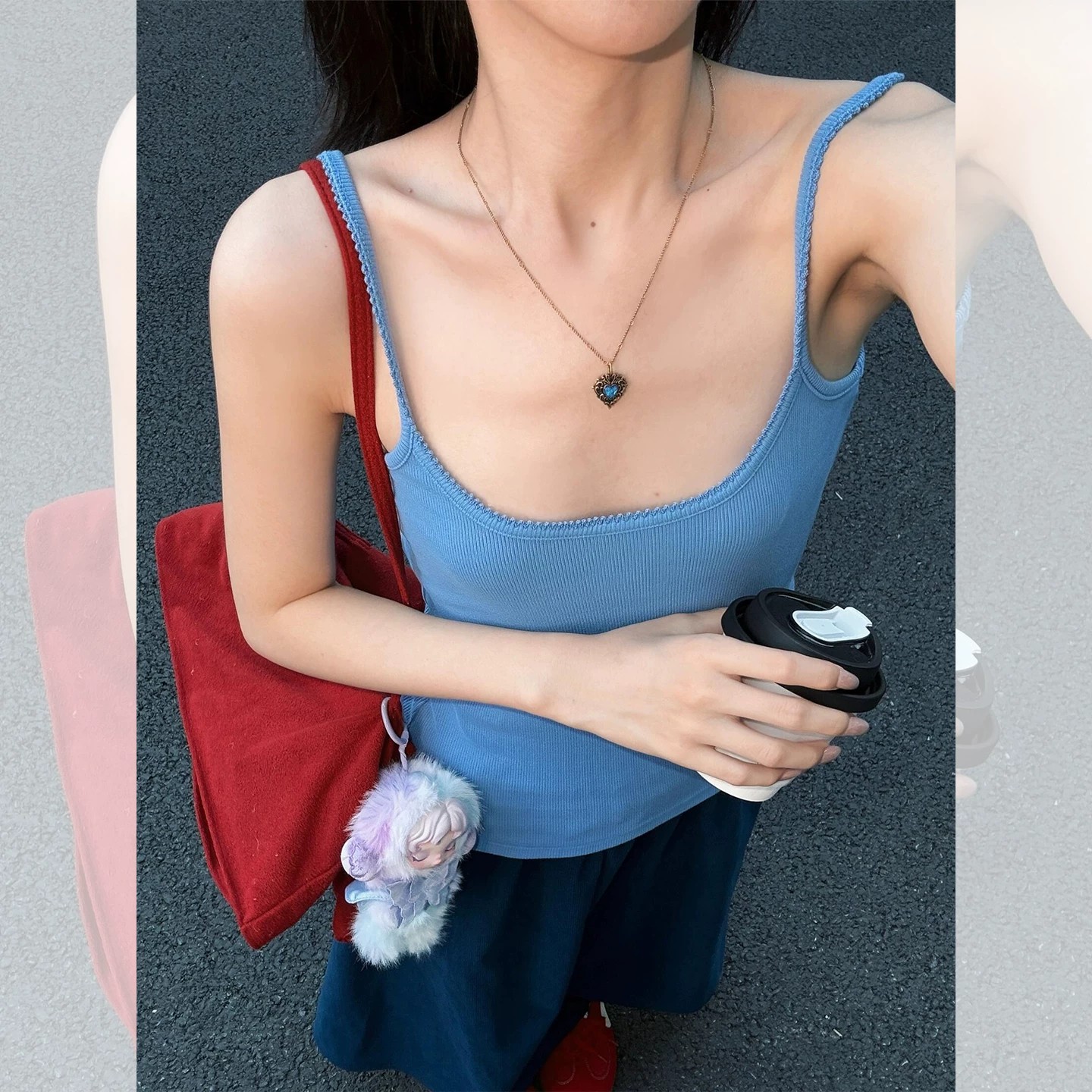 Blue U-Neck Knit Camisole Tank Top for Women Summer Sleeveless Outerwear