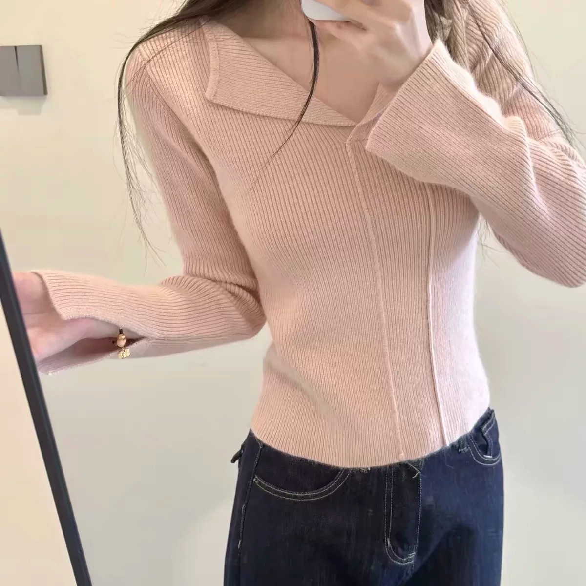 Women's V-Neck Slim Knit Sweater Long Sleeve Pullover Top - Image 2